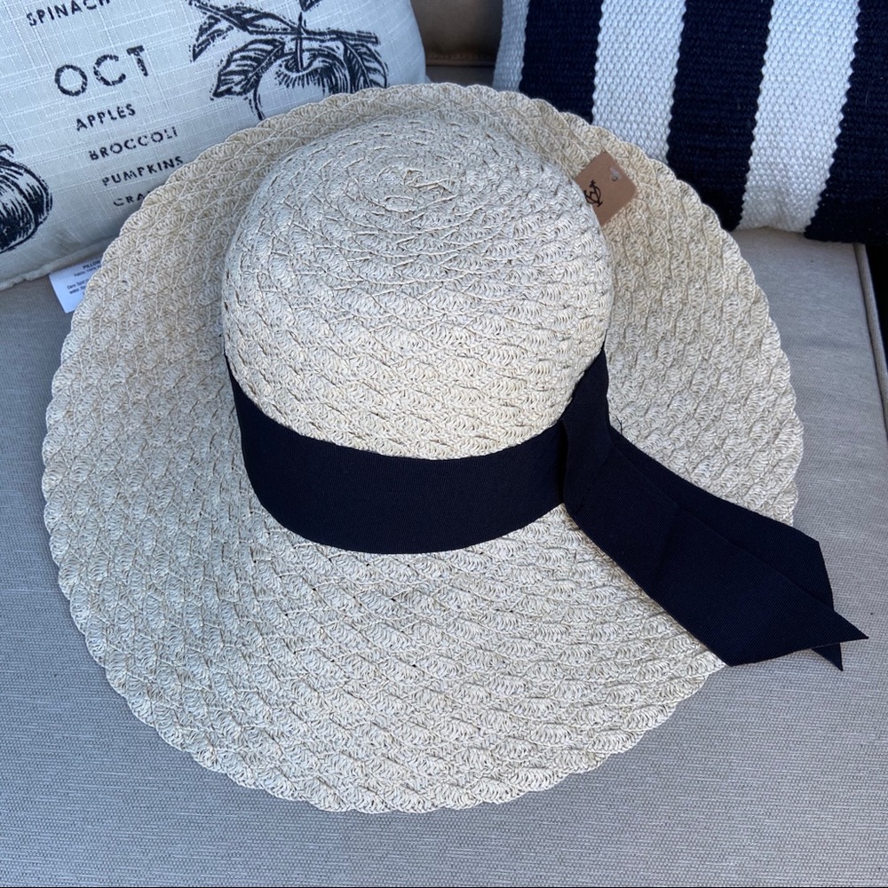 Wide Brim Floppy Beach Hat with Black Ribbon Trim - Picture 5 of 8
